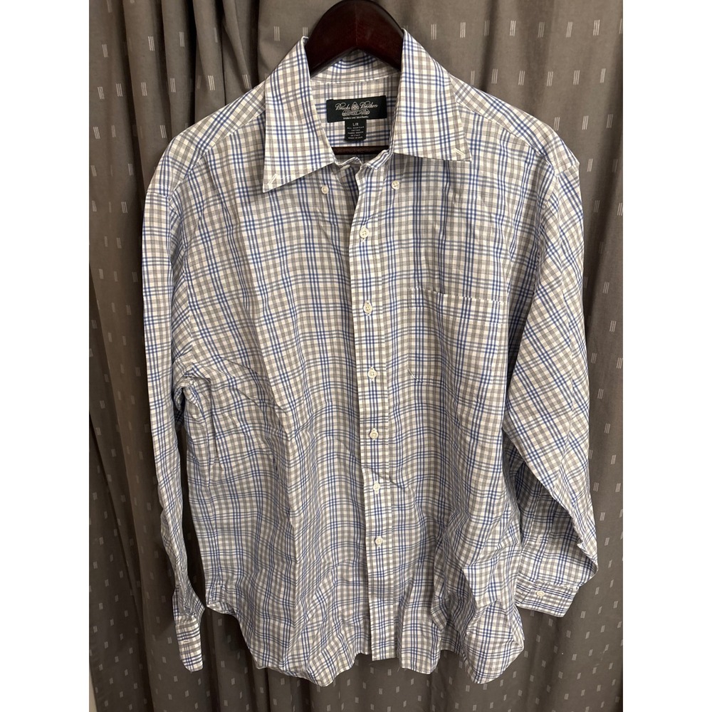 Brooks Brothers Country Club Shirt Mens L Blue Grey Plaid Egyptian Cotton USA